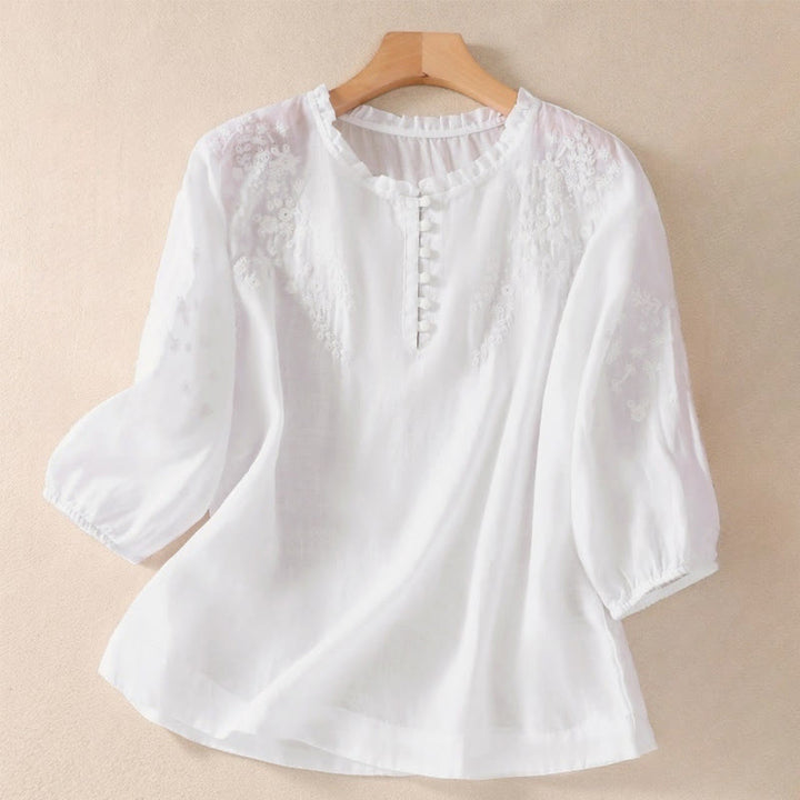 Camisa informal de lino y algodón con mangas abullonadas y diseño floral bordado con botones y Buddha Stones para mujer - Humo blanco - US8-10，UK/AU12-14，EU40-42 (2XL) - image 7