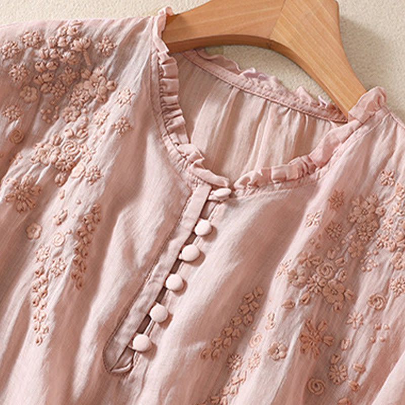 Camisa informal de lino y algodón con mangas abullonadas y diseño floral bordado con botones y Buddha Stones para mujer - image 15