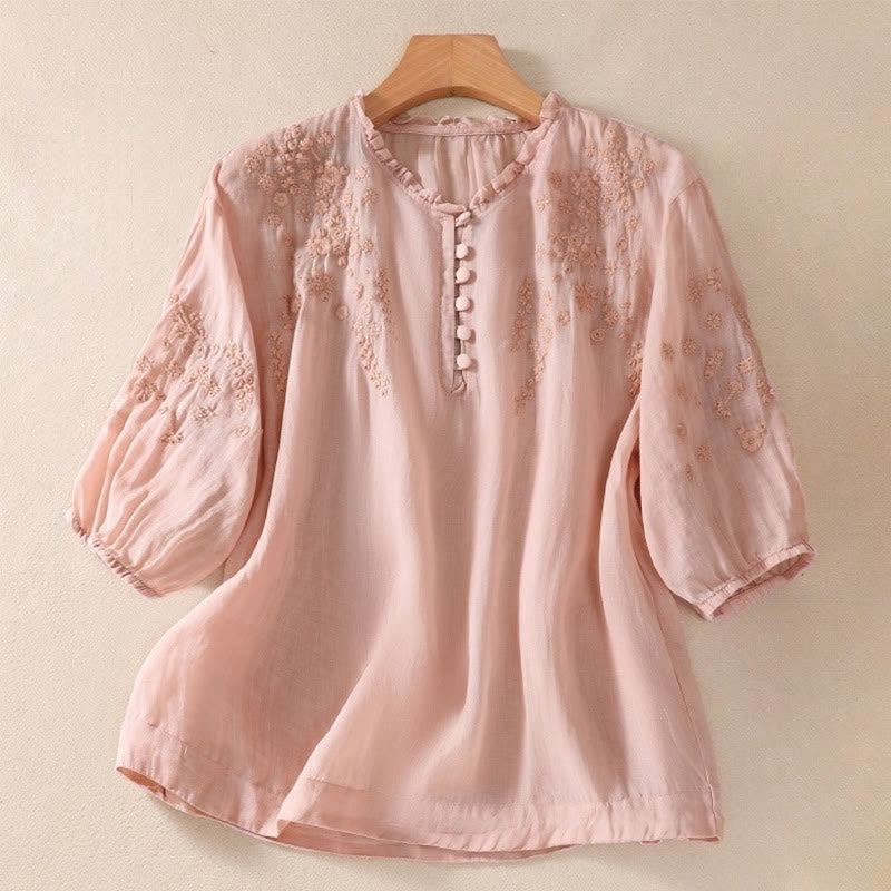 Camisa informal de lino y algodón con mangas abullonadas y diseño floral bordado con botones y Buddha Stones para mujer - Rosa claro - US8-10，UK/AU12-14，EU40-42 (2XL) - image 13