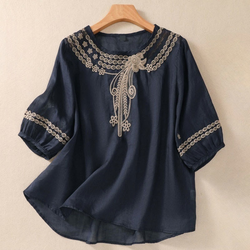 Camiseta de algodón y lino para mujer con diseño floral liso y bordado artístico de Buddha Stones, cuello redondo, manga corta y abullonada - Azul pizarra oscuro - US8-10，UK/AU12-14，EU40-42 (2XL) - image 0