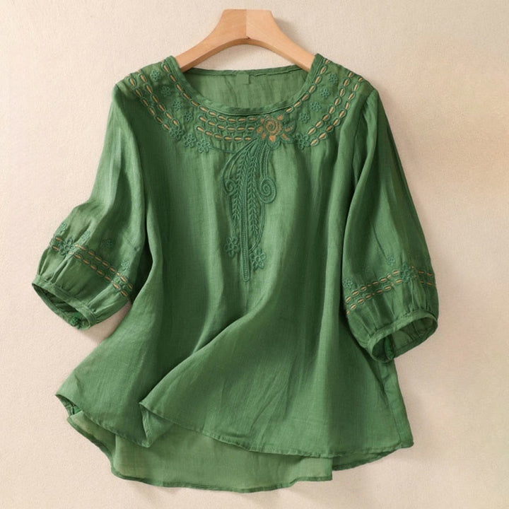 Camiseta de algodón y lino para mujer con diseño floral liso y bordado artístico de Buddha Stones, cuello redondo, manga corta y abullonada - Verdemar - US8-10，UK/AU12-14，EU40-42 (2XL) - image 19