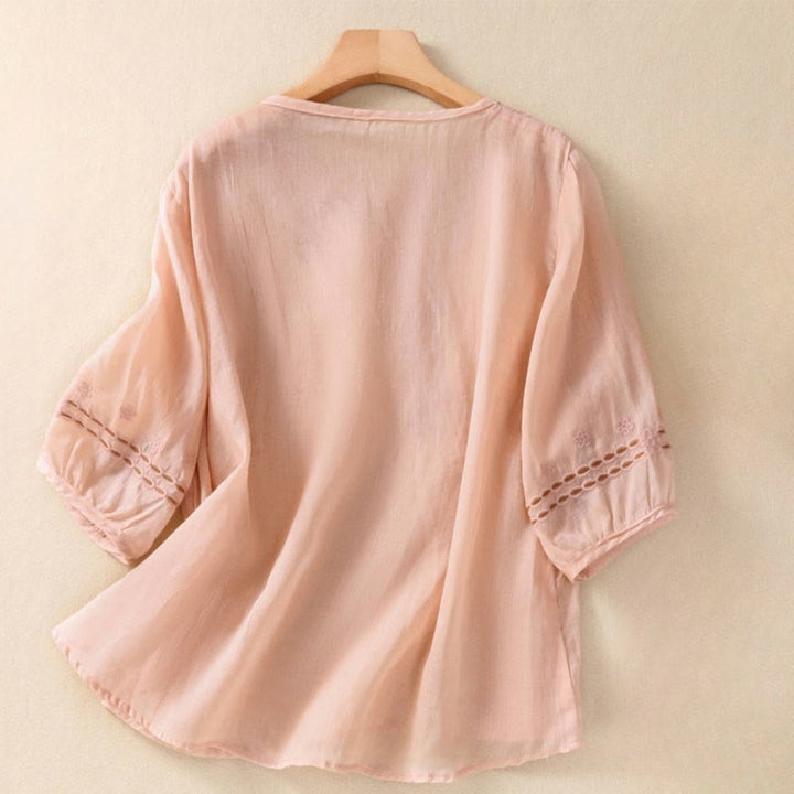 Camiseta de algodón y lino para mujer con diseño floral liso y bordado artístico de Buddha Stones, cuello redondo, manga corta y abullonada - Rosa Misty - US8-10，UK/AU12-14，EU40-42 (2XL) - image 5