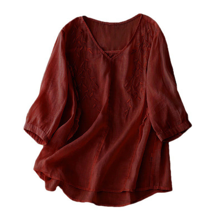 Camisa informal con cuello en V y media manga con bordado de hojas de sauce y Buddha Stones para mujer - image 12