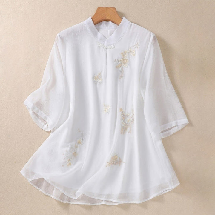 Camisa de mujer con cuello alto, media manga, botones de rana, diseño de Buddha Stones , bordado de plantas y flores