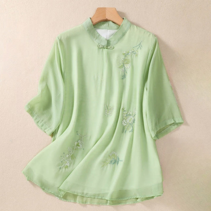 Camisa de mujer con cuello alto, media manga, botones de rana, diseño de Buddha Stones , bordado de plantas y flores