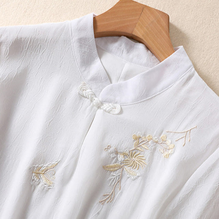 Camisa de mujer con cuello alto, media manga, botones de rana, diseño de Buddha Stones , bordado de plantas y flores