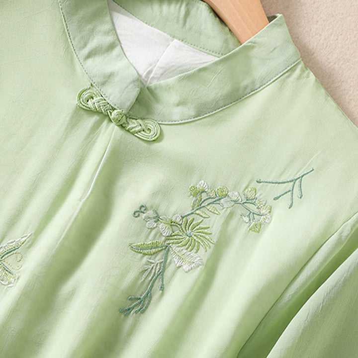 Camisa de mujer con cuello alto, media manga, botones de rana, diseño de Buddha Stones , bordado de plantas y flores
