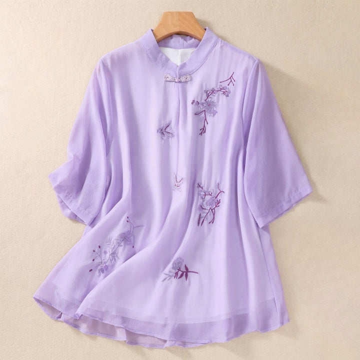 Camisa de mujer con cuello alto, media manga, botones de rana, diseño de Buddha Stones , bordado de plantas y flores