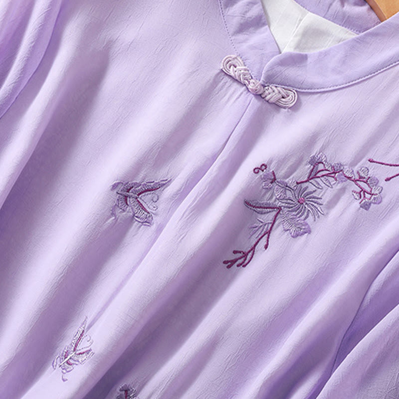 Camisa de mujer con cuello alto, media manga, botones de rana, diseño de Buddha Stones , bordado de plantas y flores