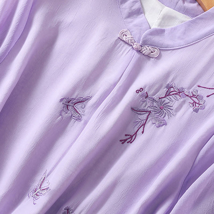 Camisa de mujer con cuello alto, media manga, botones de rana, diseño de Buddha Stones , bordado de plantas y flores
