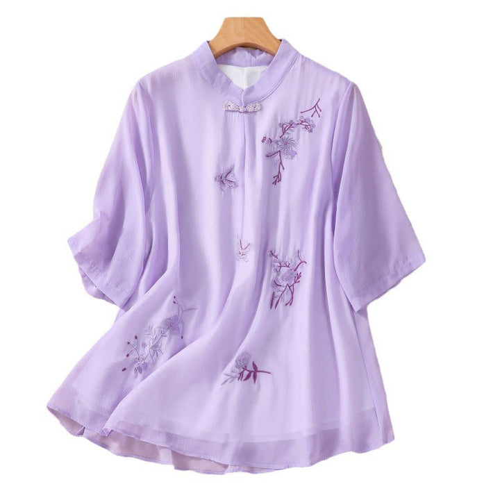 Camisa de mujer con cuello alto, media manga, botones de rana, diseño de Buddha Stones , bordado de plantas y flores
