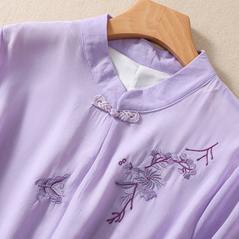 Camisa de mujer con cuello alto, media manga, botones de rana, diseño de Buddha Stones , bordado de plantas y flores