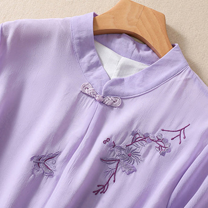Camisa de mujer con cuello alto, media manga, botones de rana, diseño de Buddha Stones , bordado de plantas y flores