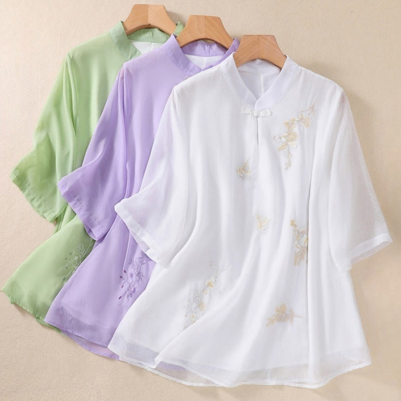 Camisa de mujer con cuello alto, media manga, botones de rana, diseño de Buddha Stones , bordado de plantas y flores