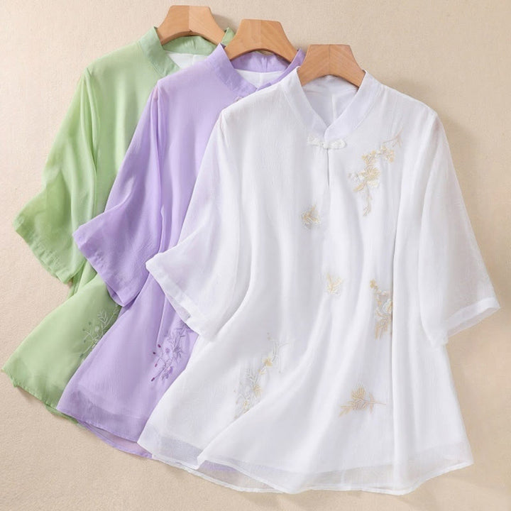 Camisa de mujer con cuello alto, media manga, botones de rana, diseño de Buddha Stones , bordado de plantas y flores