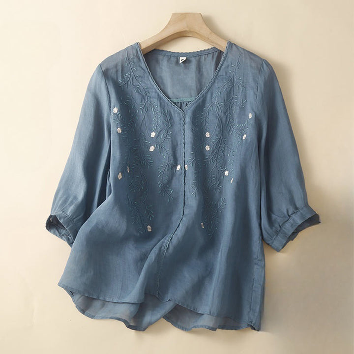 Camiseta de verano informal de algodón y lino con diseño bordado de ramas de flores y piedras de Buddha Stones , cuello en V y media manga para mujer