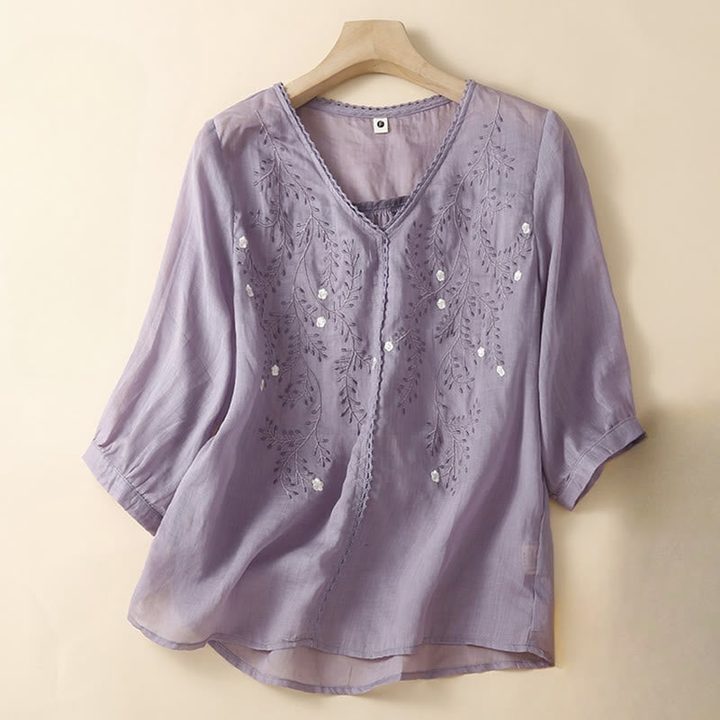 Camiseta de verano informal de algodón y lino con diseño bordado de ramas de flores y piedras de Buddha Stones , cuello en V y media manga para mujer