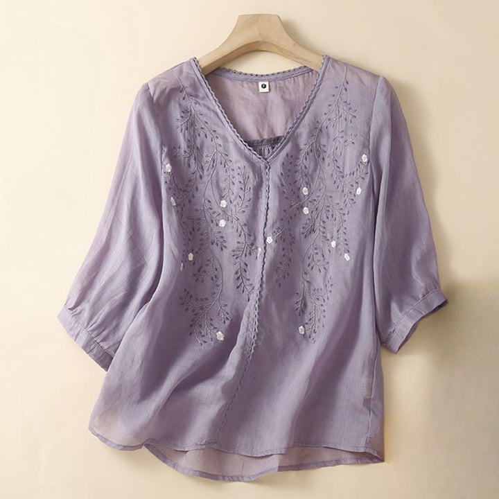 Camiseta de verano informal de algodón y lino con diseño bordado de ramas de flores y piedras de Buddha Stones , cuello en V y media manga para mujer