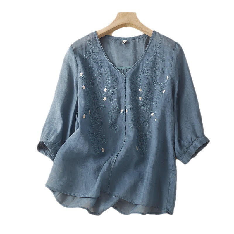 Camiseta de verano informal de algodón y lino con diseño bordado de ramas de flores y piedras de Buddha Stones , cuello en V y media manga para mujer