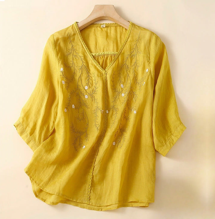 Camiseta de verano informal de algodón y lino con diseño bordado de ramas de flores y piedras de Buddha Stones , cuello en V y media manga para mujer