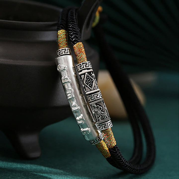 Pulsera tejida a mano con nudo de dragón y Buddha Stones en plata de ley con Om Mani Padme Hum