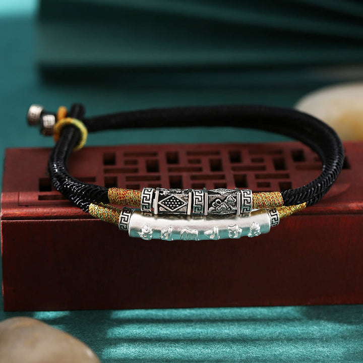 Pulsera tejida a mano con nudo de dragón y Buddha Stones en plata de ley con Om Mani Padme Hum