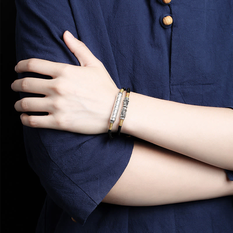 Pulsera tejida a mano con nudo de dragón y Buddha Stones en plata de ley con Om Mani Padme Hum