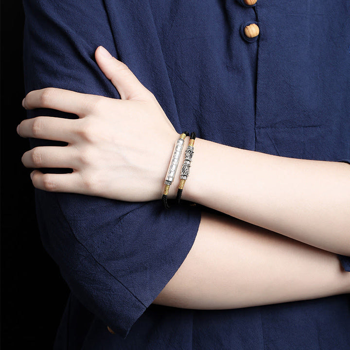 Pulsera tejida a mano con nudo de dragón y Buddha Stones en plata de ley con Om Mani Padme Hum