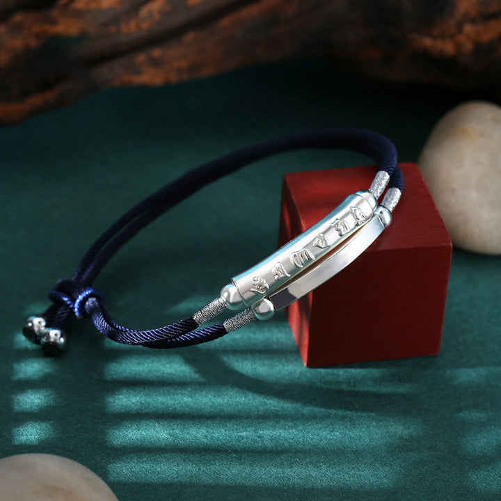 Pulsera tejida a mano con nudo de dragón y Buddha Stones en plata de ley con Om Mani Padme Hum