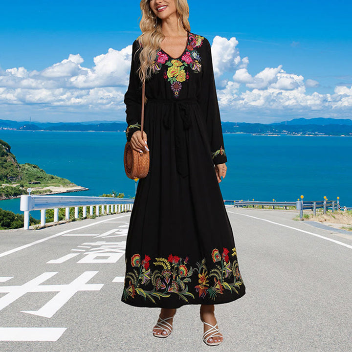 Vestido largo de algodón con bordado étnico, estampado floral y Buddha Stones, color negro liso, suelto - image 4