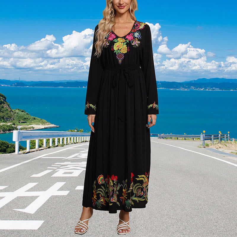 Vestido largo de algodón con bordado étnico, estampado floral y Buddha Stones, color negro liso, suelto - image 3