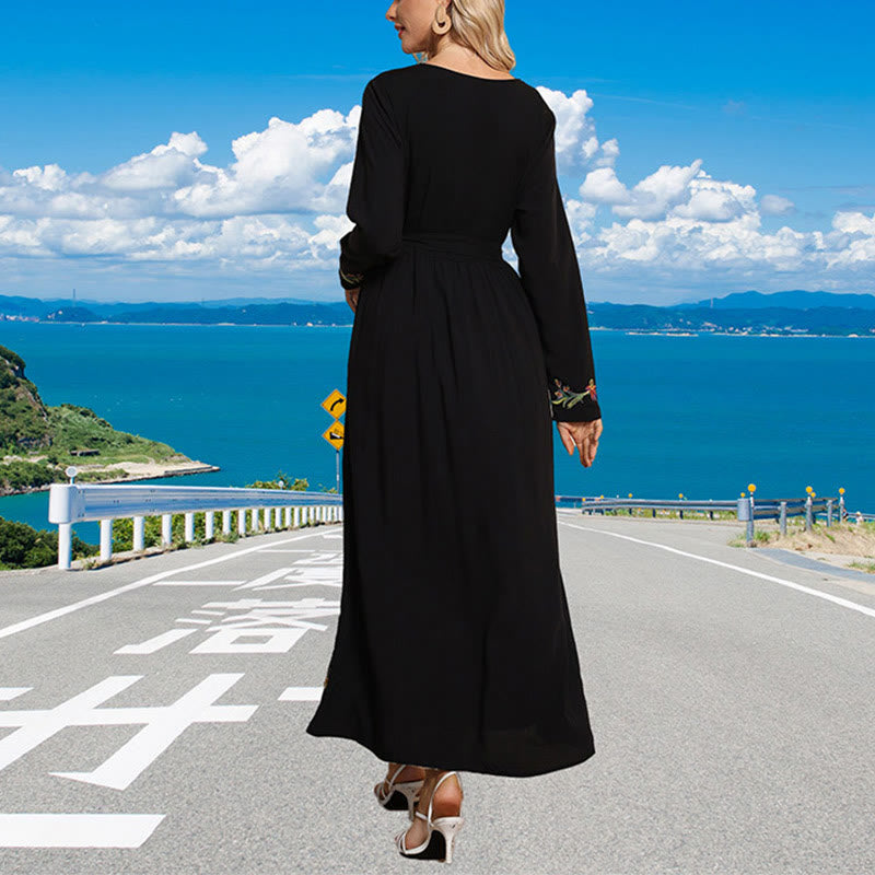 Vestido largo de algodón con bordado étnico, estampado floral y Buddha Stones, color negro liso, suelto - image 1