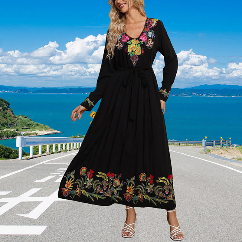Vestido largo de algodón con bordado étnico, estampado floral y Buddha Stones, color negro liso, suelto - Negro - US12, UK/AU16, EU44 (3XL) - image 0