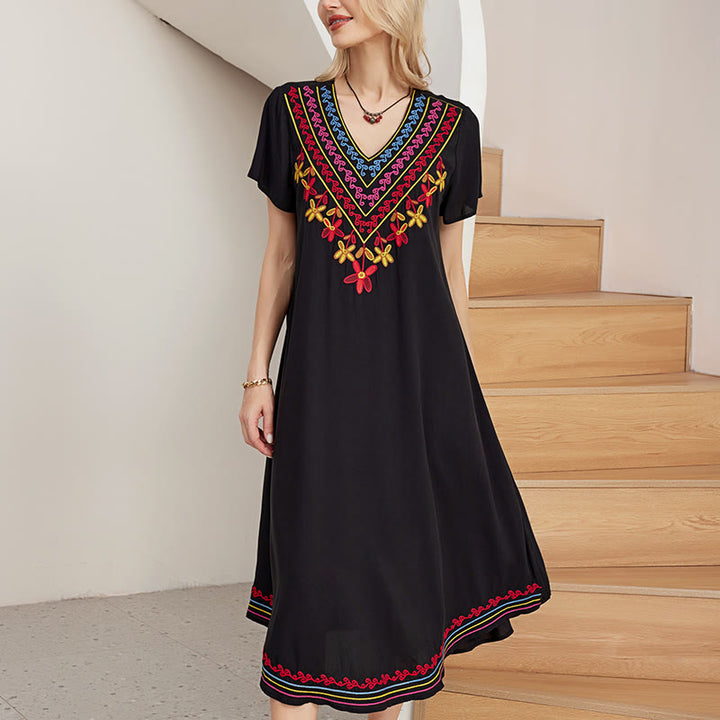 Vestido midi de algodón con cuello en V y manga corta con bordado geométrico, estilo bohemio, informal, de verano, con Buddha Stones en negro