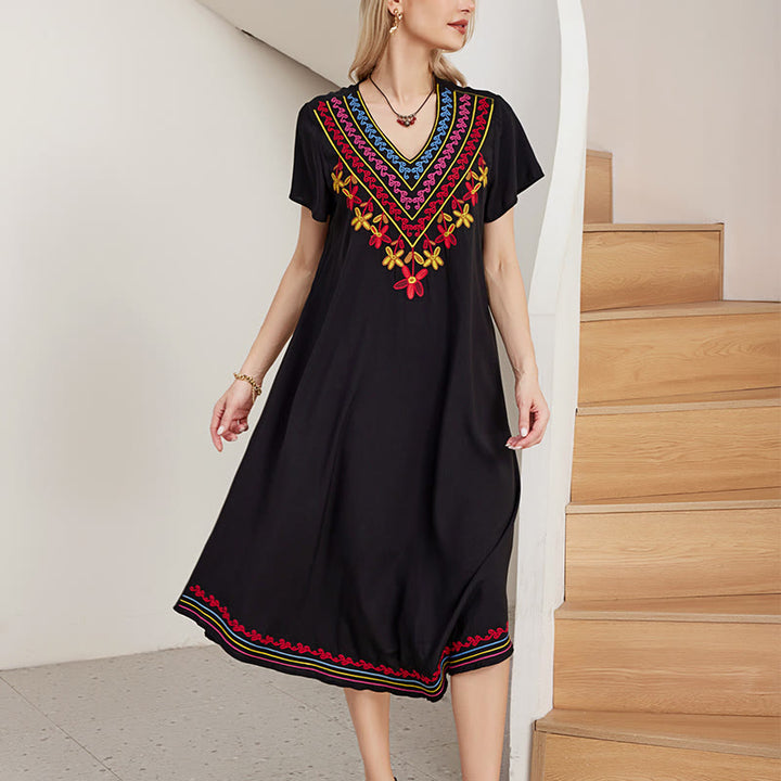 Vestido midi de algodón con cuello en V y manga corta con bordado geométrico, estilo bohemio, informal, de verano, con Buddha Stones en negro