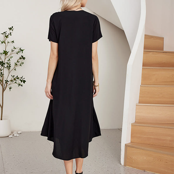 Vestido midi de algodón con cuello en V y manga corta con bordado geométrico, estilo bohemio, informal, de verano, con Buddha Stones en negro