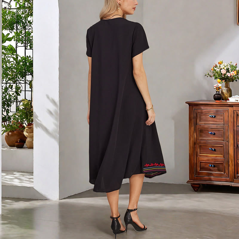 Vestido midi de algodón con cuello en V y manga corta con bordado geométrico, estilo bohemio, informal, de verano, con Buddha Stones en negro