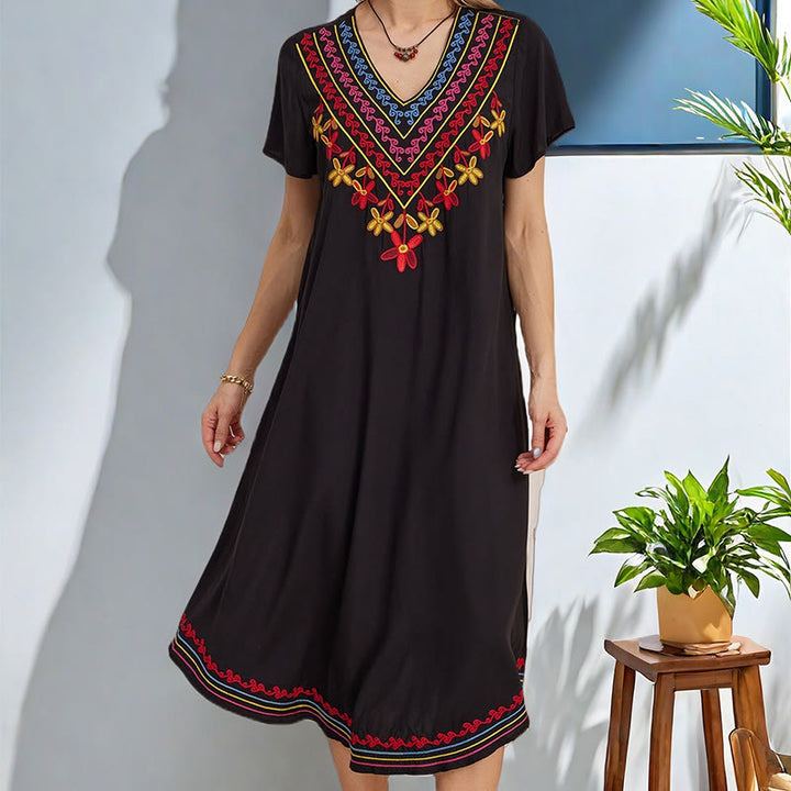 Vestido midi de algodón con cuello en V y manga corta con bordado geométrico, estilo bohemio, informal, de verano, con Buddha Stones en negro