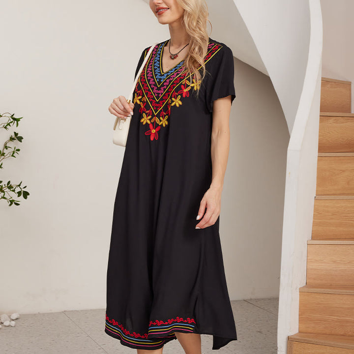 Vestido midi de algodón con cuello en V y manga corta con bordado geométrico, estilo bohemio, informal, de verano, con Buddha Stones en negro