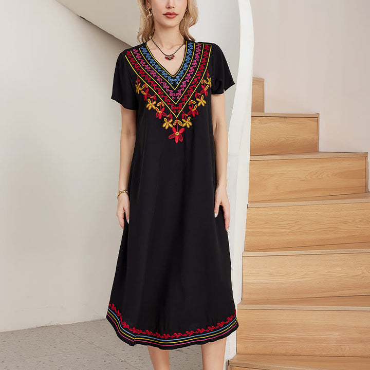 Vestido midi de algodón con cuello en V y manga corta con bordado geométrico, estilo bohemio, informal, de verano, con Buddha Stones en negro