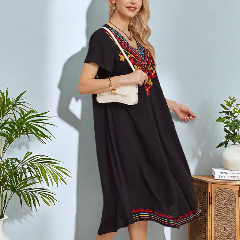 Vestido midi de algodón con cuello en V y manga corta con bordado geométrico, estilo bohemio, informal, de verano, con Buddha Stones en negro