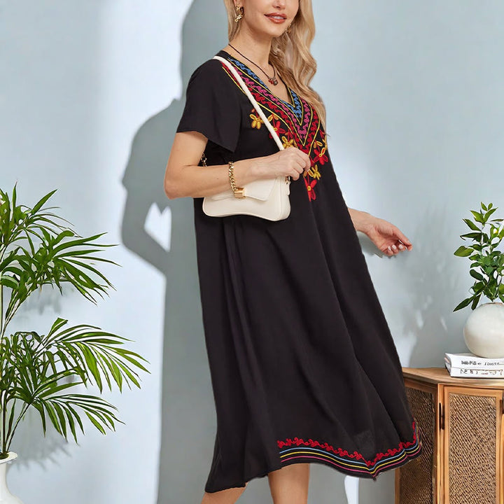 Vestido midi de algodón con cuello en V y manga corta con bordado geométrico, estilo bohemio, informal, de verano, con Buddha Stones en negro
