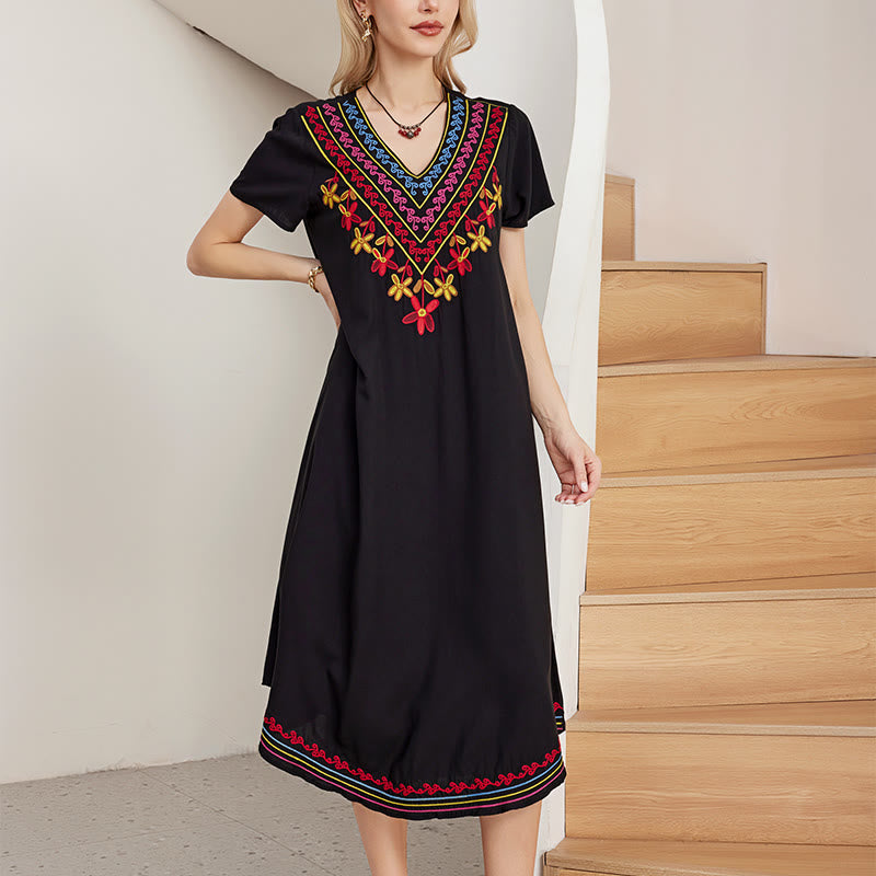 Vestido midi de algodón con cuello en V y manga corta con bordado geométrico, estilo bohemio, informal, de verano, con Buddha Stones en negro