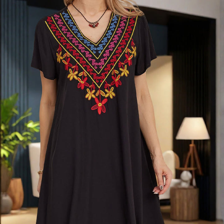Vestido midi de algodón con cuello en V y manga corta con bordado geométrico, estilo bohemio, informal, de verano, con Buddha Stones en negro