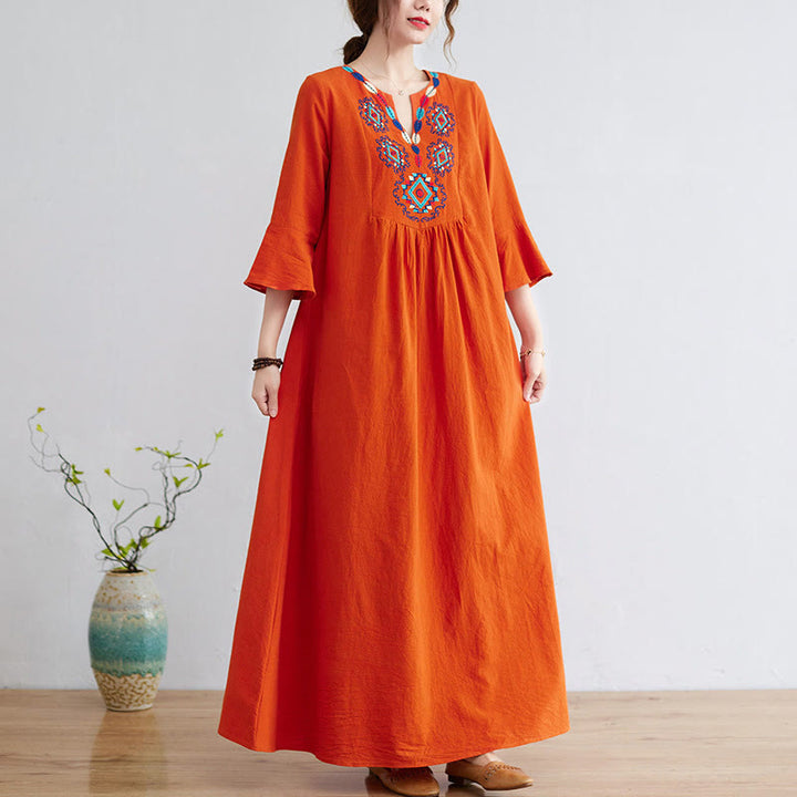 Vestido largo de lino y algodón con mangas tres cuartos, bordado étnico, estampado floral y Buddha Stones - NaranjaRojo - US8-10，UK/AU12-14，EU40-42 (2XL) - image 9