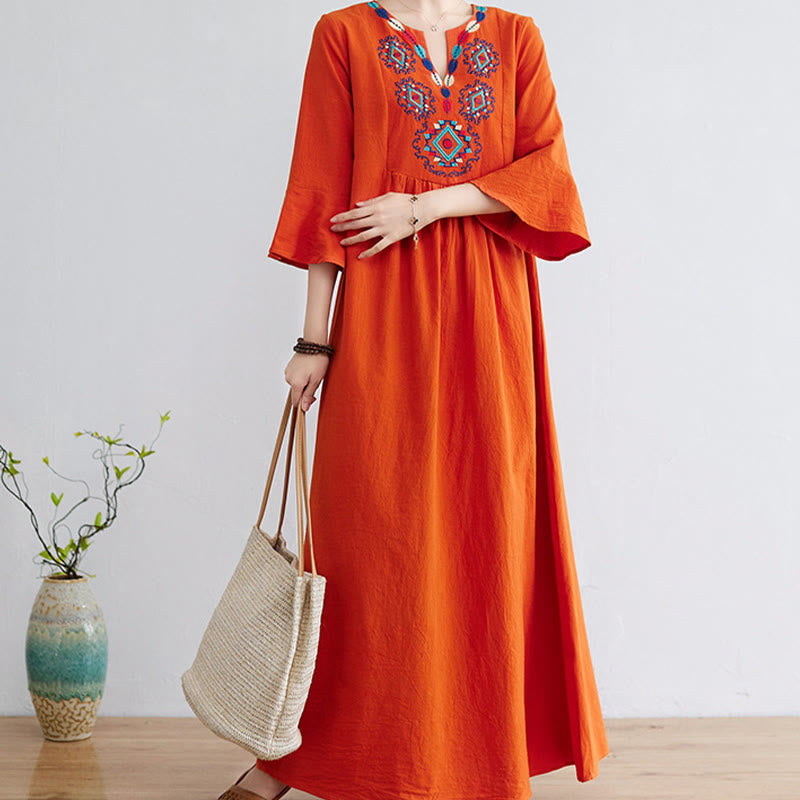 Vestido largo de lino y algodón con mangas tres cuartos, bordado étnico, estampado floral y Buddha Stones - image 11