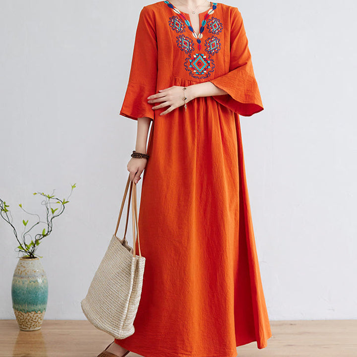 Vestido largo de lino y algodón con mangas tres cuartos, bordado étnico, estampado floral y Buddha Stones - image 11