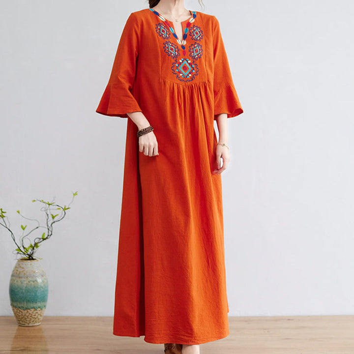 Vestido largo de lino y algodón con mangas tres cuartos, bordado étnico, estampado floral y Buddha Stones - image 12