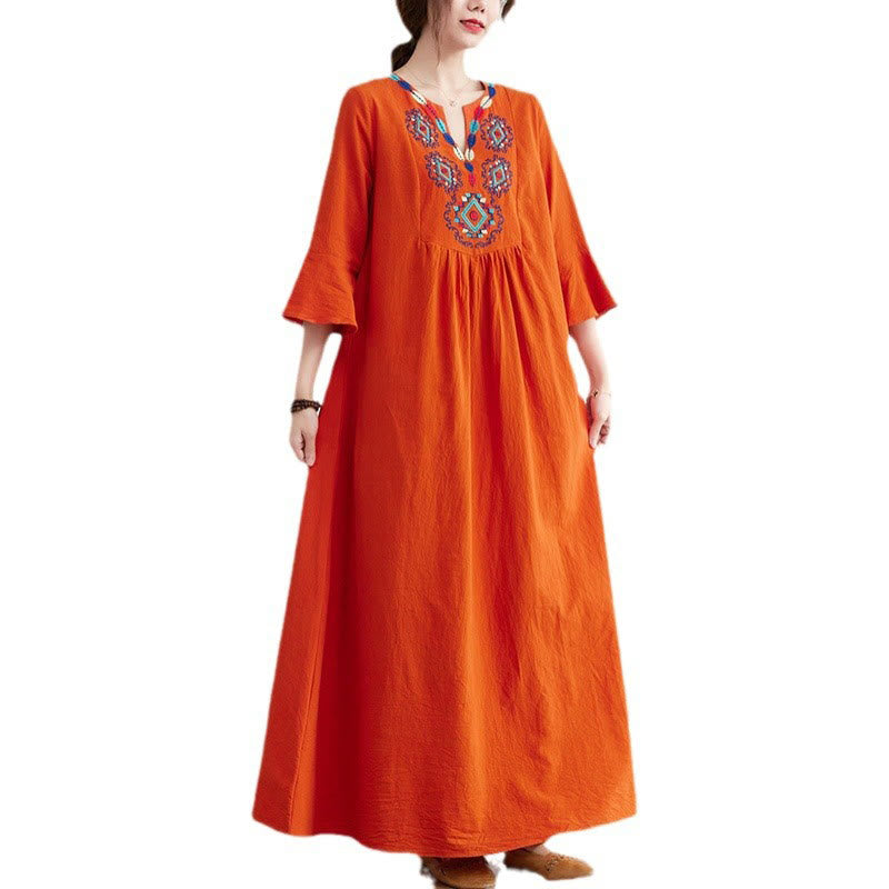 Vestido largo de lino y algodón con mangas tres cuartos, bordado étnico, estampado floral y Buddha Stones - image 14