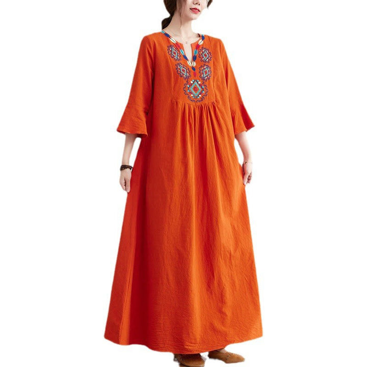 Vestido largo de lino y algodón con mangas tres cuartos, bordado étnico, estampado floral y Buddha Stones - image 14